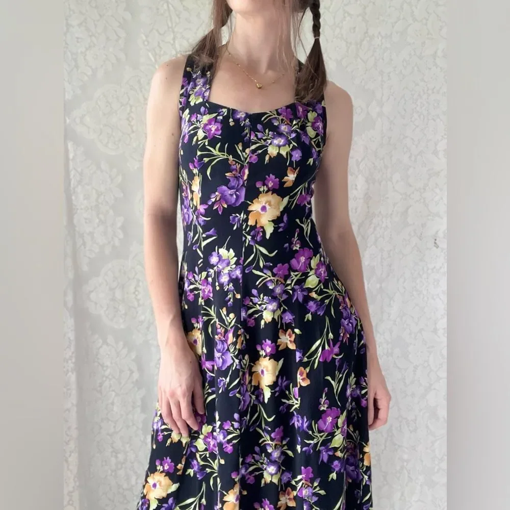 Vintage 80s All That Jazz Black Floral Midi Dress Crisscross Back Size 7/8 - Picture 8 of 16
